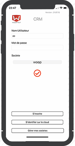 Écran de connexion du CRM WOOP.NET