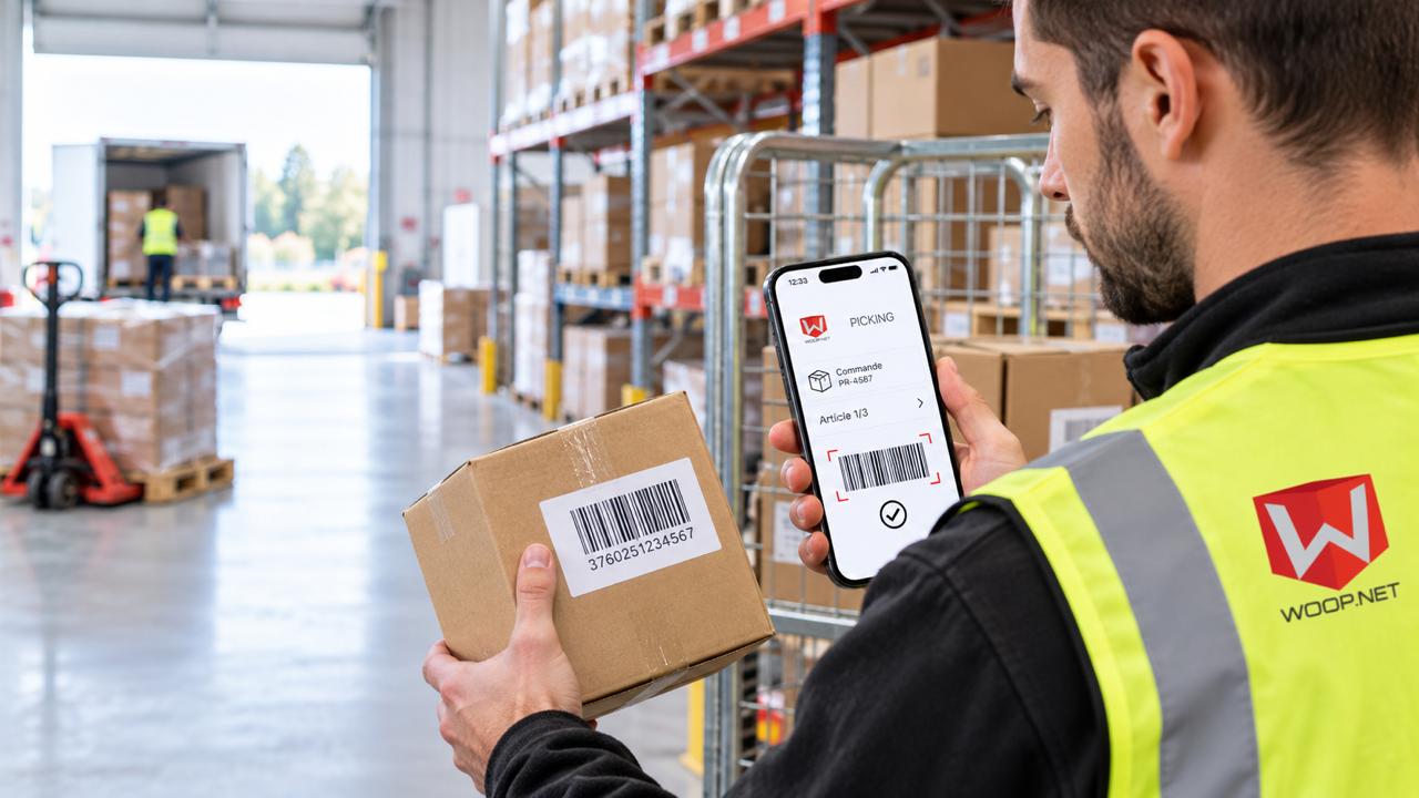 Préparateur WOOP.NET scannant le code-barres d’un colis dans un entrepôt
